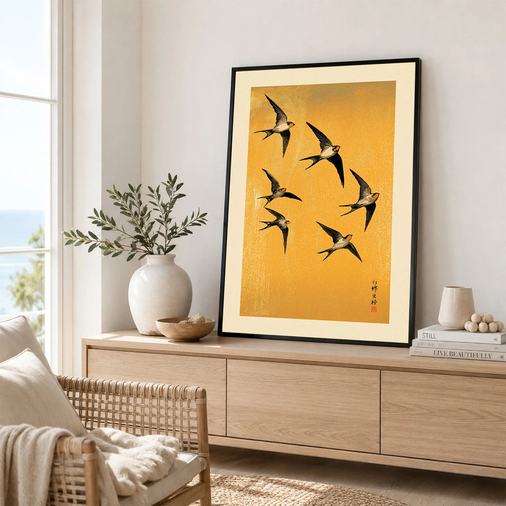 Swallows Art Print – Gold Japanese Bird Wall Art — framed artwork living room lifestyle setting