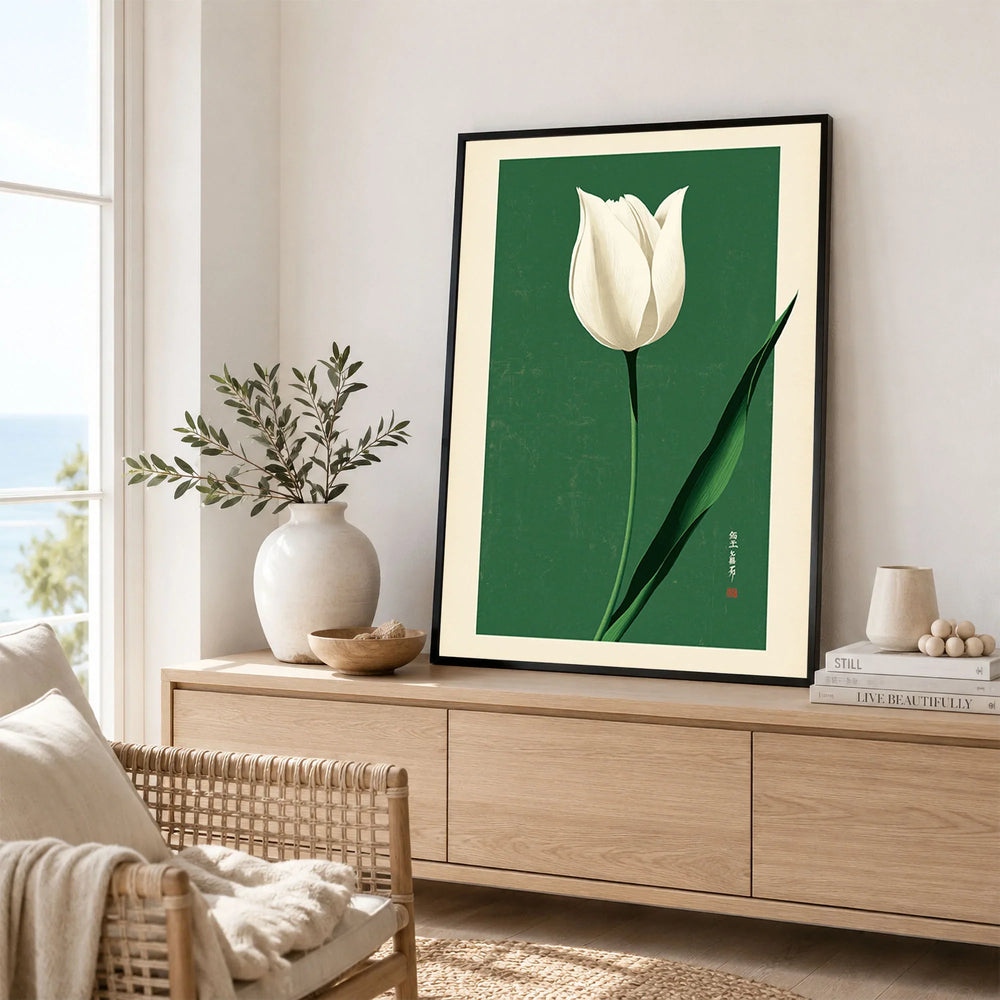 White Tulip Art Print – Green Japanese Botanical Wall Art — framed artwork living room lifestyle setting