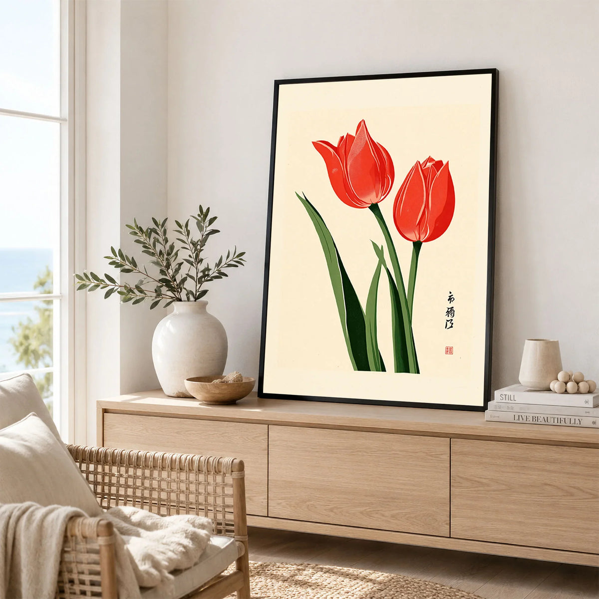 Tulip Art Print – Vintage Japanese Flower Wall Art — framed artwork living room lifestyle setting