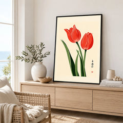 Tulip Art Print – Vintage Japanese Flower Wall Art — framed artwork living room lifestyle setting