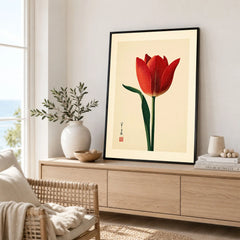Deep Red Tulip Wall Art – Japanese Botanical Print — framed artwork living room lifestyle setting