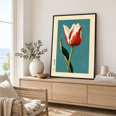 Striped Tulip Art Print – Blue Japanese Botanical Wall Art — framed artwork living room lifestyle setting