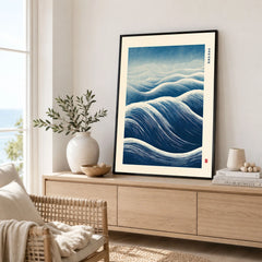 Ocean Wave Art Print – Blue Japanese Woodblock Wall Art — framed artwork living room lifestyle setting