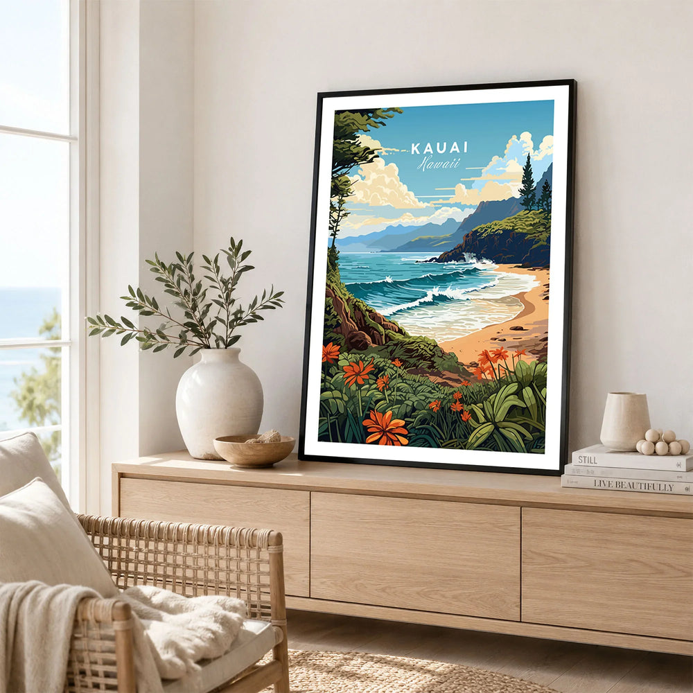 Kauai Print in a black frame displayed on an oak sideboard in a bright coastal living room