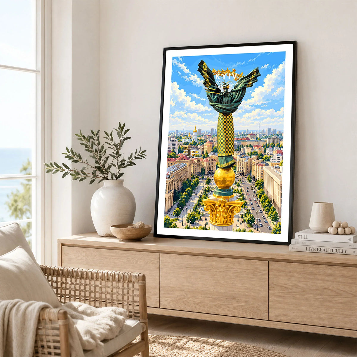 Kyiv Ukraine Independence Monument Travel Poster — the Independence Monument rising above Maidan Nezalezhnosti and the Kyiv skyline, shown as framed artwork living room lifestyle setting