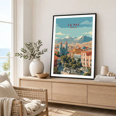 La Paz Travel Print - Bolivia Wall Art in a black frame displayed on an oak sideboard in a bright coastal living room