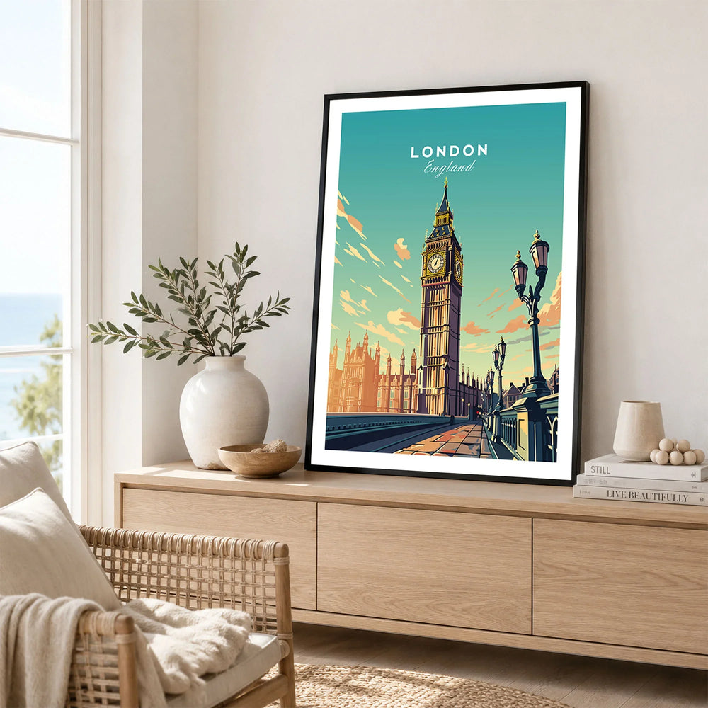 London Poster Big Ben in a black frame displayed on an oak sideboard in a bright coastal living room