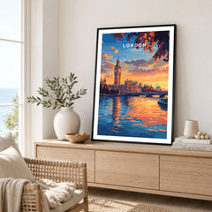 Big Ben London Art Print | Westminster Palace Poster in a black frame displayed on an oak sideboard in a bright coastal living room