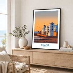 Agadir Morocco Wall Art in a black frame displayed on an oak sideboard in a bright coastal living room