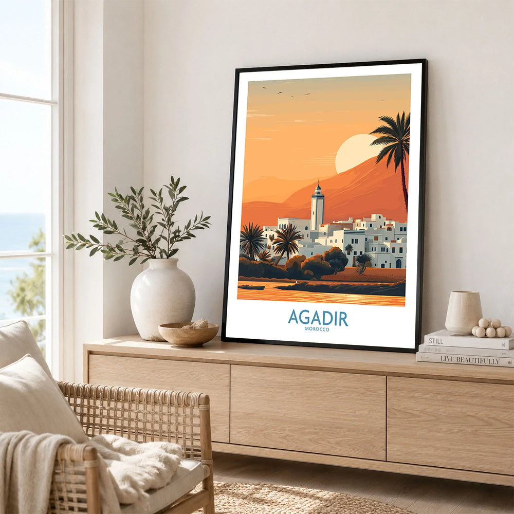 Agadir Morocco Print – Minimalist Palm Tree Wall Decor in a black frame displayed on an oak sideboard in a bright coastal living room