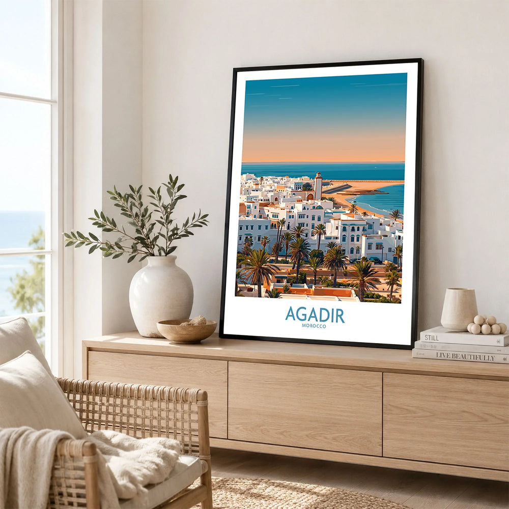 Agadir Morocco Wall Art – Mediterranean Canvas Art in a black frame displayed on an oak sideboard in a bright coastal living room