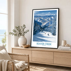 Beaver Creek Colorado Winter Wonderland Wall Art - Group Skiing Landscape in a black frame displayed on an oak sideboard in a bright coastal living room