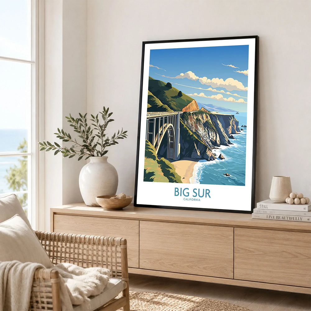 Big Sur Wall Art | Modern Style in a black frame displayed on an oak sideboard in a bright coastal living room