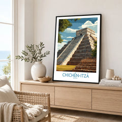 Mexico Chichén Itzá El Castillo Poster Mayan Temple Travel Print Ancient Ruins Wall Art in a black frame displayed on an oak sideboard in a bright coastal living room
