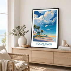 Cocoa Beach Florida Oceanfront Landscape Print - Florida Coast Decor in a black frame displayed on an oak sideboard in a bright coastal living room