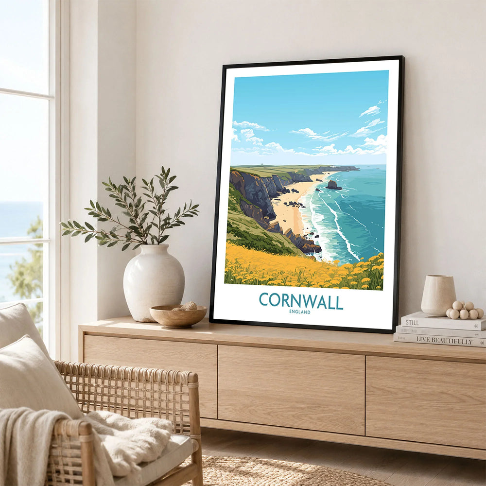 Cornwall Poster | Modern Style in a black frame displayed on an oak sideboard in a bright coastal living room