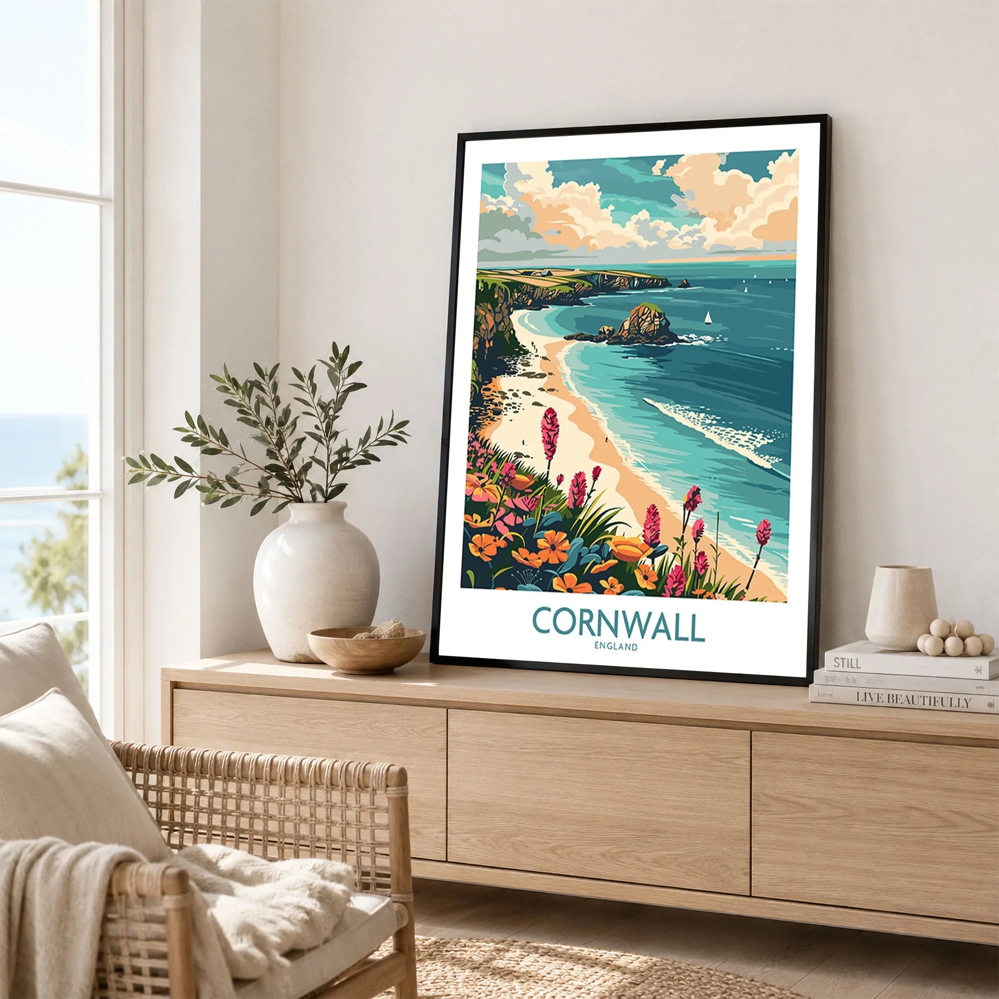 Cornwall Travel Poster - United Kingdom in a black frame displayed on an oak sideboard in a bright coastal living room