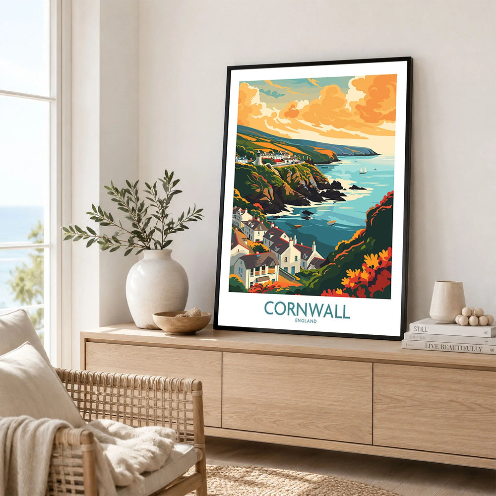 Cornwall Art Print - Modern in a black frame displayed on an oak sideboard in a bright coastal living room