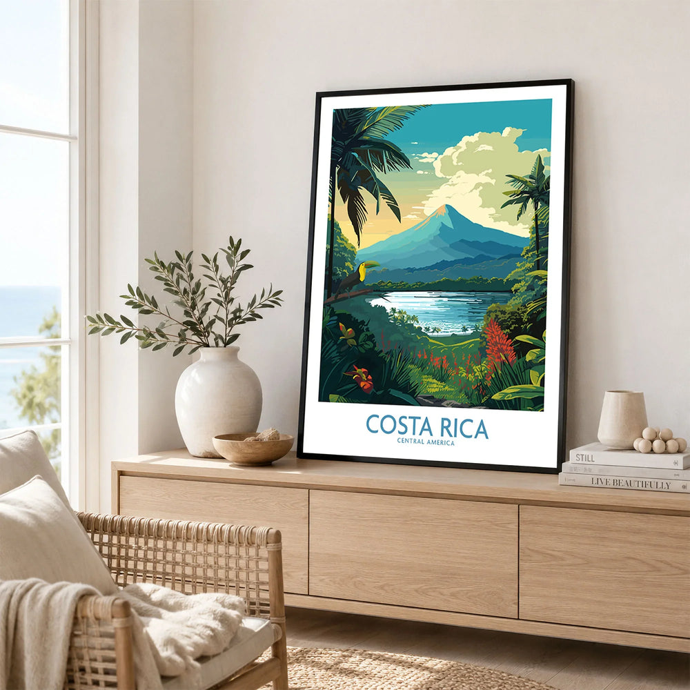 Costa Rica Wall Art | Modern Style in a black frame displayed on an oak sideboard in a bright coastal living room