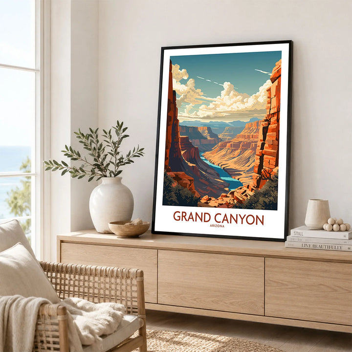Grand Canyon Wall Art | Modern Style in a black frame displayed on an oak sideboard in a bright coastal living room