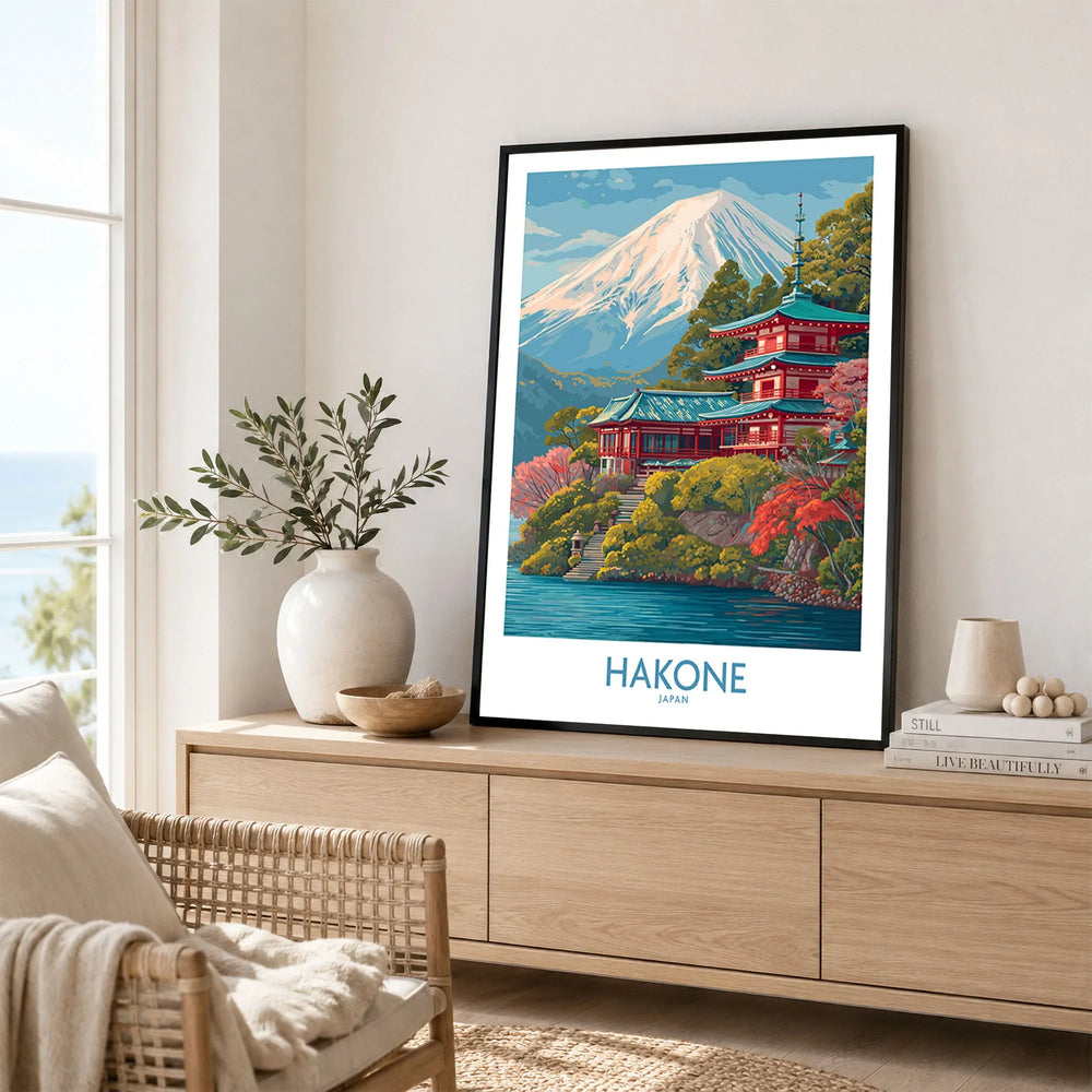 Hakone Japan Wall Art - Japan Travel Print in a black frame displayed on an oak sideboard in a bright coastal living room