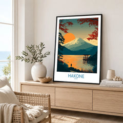 Hakone Japan Wall Art Lake Ashi Print - Japanese Spiritual Poster in a black frame displayed on an oak sideboard in a bright coastal living room