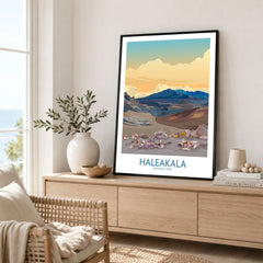 Haleakalā National Park Print, Hawaiian Volcano Poster, Sunset Wall Decor in a black frame displayed on an oak sideboard in a bright coastal living room