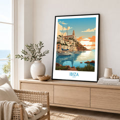 Ibiza Poster Print Modern in a black frame displayed on an oak sideboard in a bright coastal living room