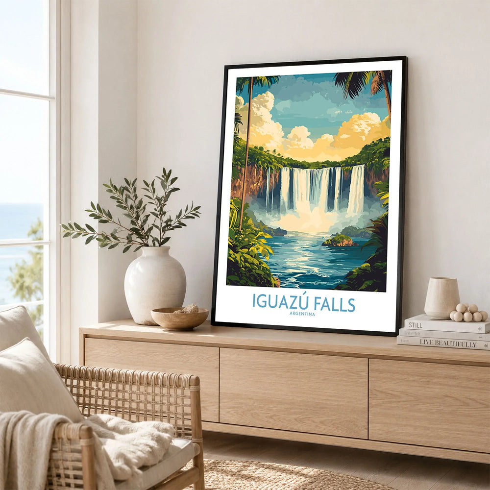 Iguazu Falls Wall Art Print in a black frame displayed on an oak sideboard in a bright coastal living room