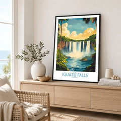 Iguazu Falls Wall Art Print in a black frame displayed on an oak sideboard in a bright coastal living room