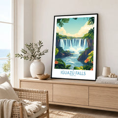 Iguazu Falls Poster Argentina in a black frame displayed on an oak sideboard in a bright coastal living room