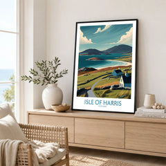 Isle of Harris Scotland Hebridean Landscape Poster - Remote Scottish Island Artwork in a black frame displayed on an oak sideboard in a bright coastal living room
