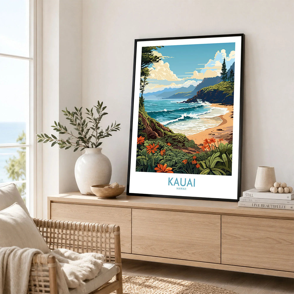 Kauai Travel Poster in a black frame displayed on an oak sideboard in a bright coastal living room