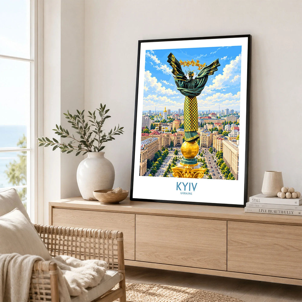 Kyiv Ukraine Maidan Square Wall Art — the Independence Monument rising above Maidan Nezalezhnosti and the Kyiv skyline, shown as framed artwork living room lifestyle setting