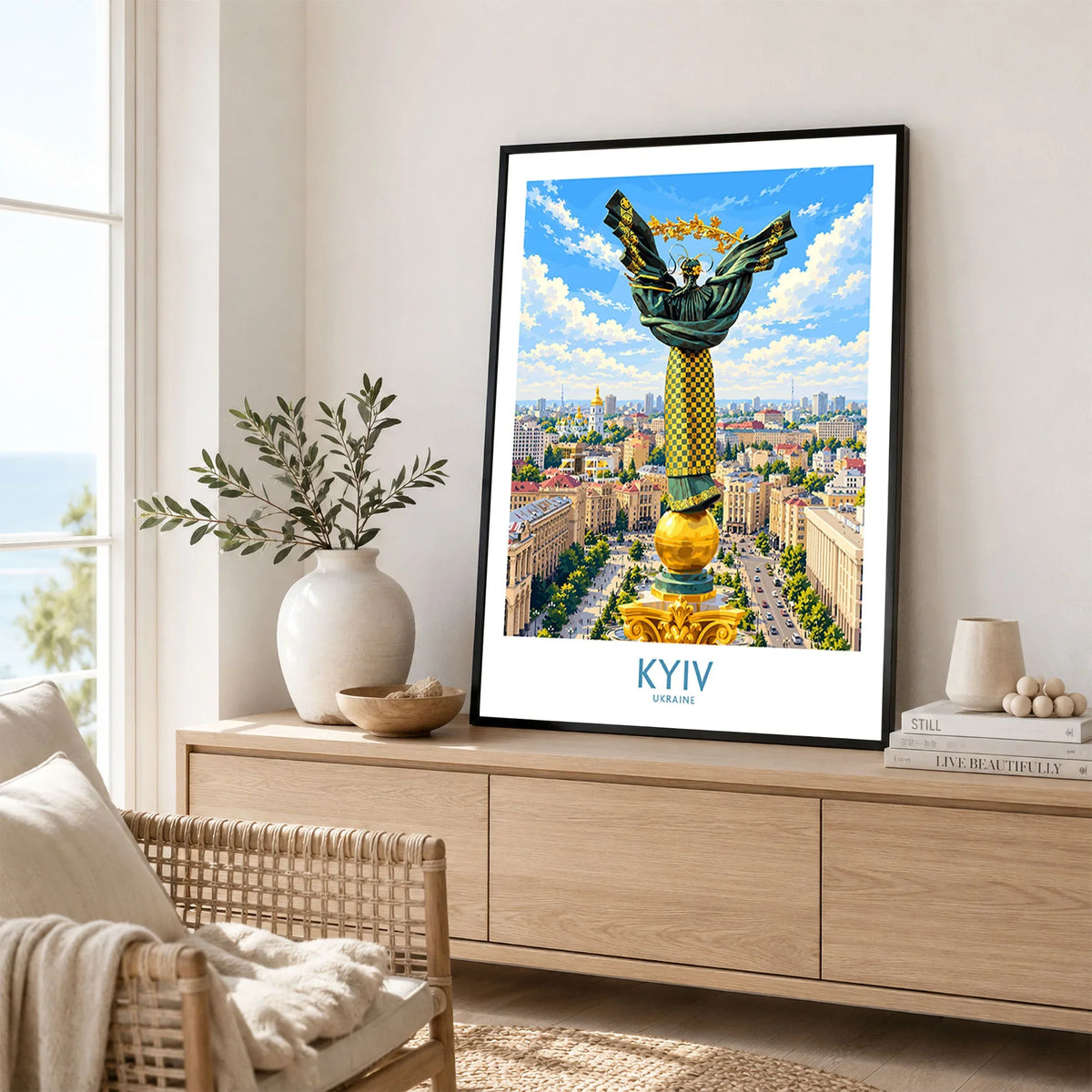 Kyiv Ukraine Maidan Square Wall Art — the Independence Monument rising above Maidan Nezalezhnosti and the Kyiv skyline, shown as framed artwork living room lifestyle setting