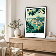 Kyiv Ukraine Dnipro River Wall Art — golden domes on a wooded bluff above the Dnipro river, shown as framed artwork living room lifestyle setting