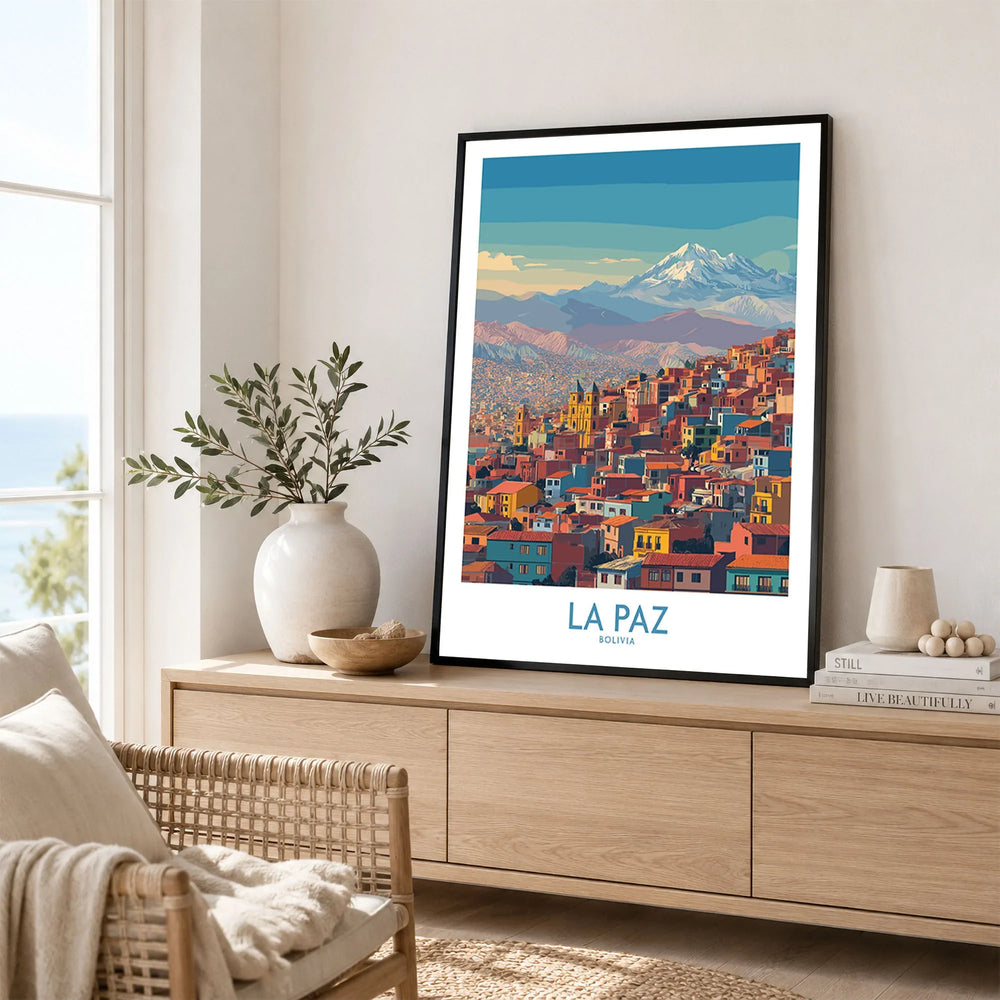 La Paz Bolivia Urban Landscape Wall Art - South American City Print in a black frame displayed on an oak sideboard in a bright coastal living room