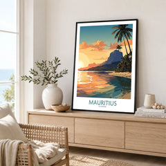 Le Morne Mauritius Wall Art in a black frame displayed on an oak sideboard in a bright coastal living room