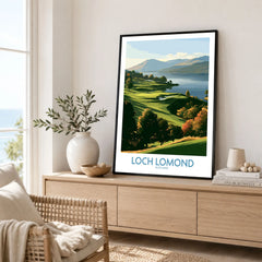 Loch Lomond Scotland Highland View Wall Art — autumn slopes rolling down to Loch Lomond with Highland hills beyond, shown as framed artwork living room lifestyle setting