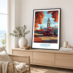 London Travel Poster in a black frame displayed on an oak sideboard in a bright coastal living room
