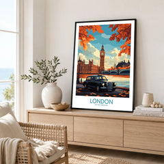 London Wall Art Print - Modern in a black frame displayed on an oak sideboard in a bright coastal living room