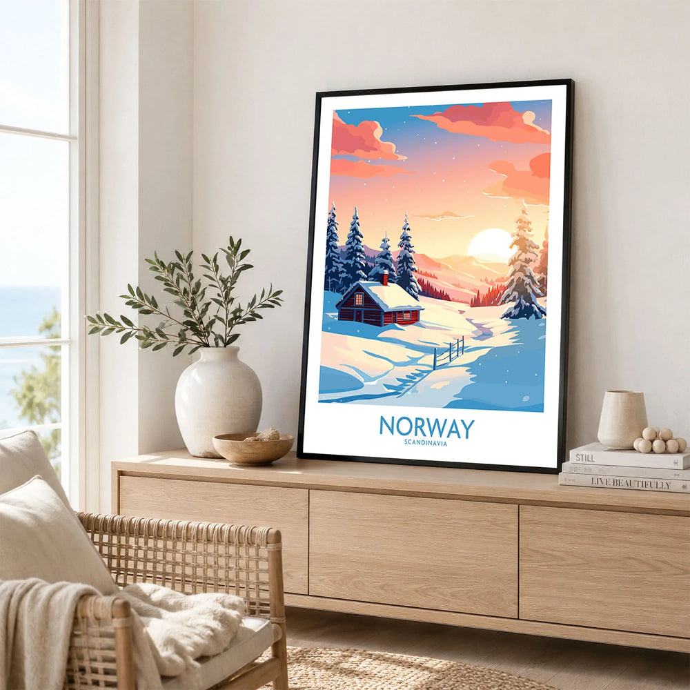 Norway Poster Print in a black frame displayed on an oak sideboard in a bright coastal living room