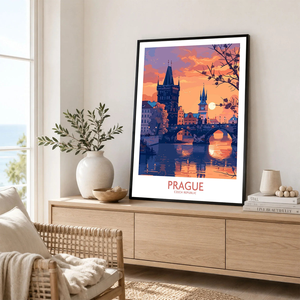 Prague Print in a black frame displayed on an oak sideboard in a bright coastal living room