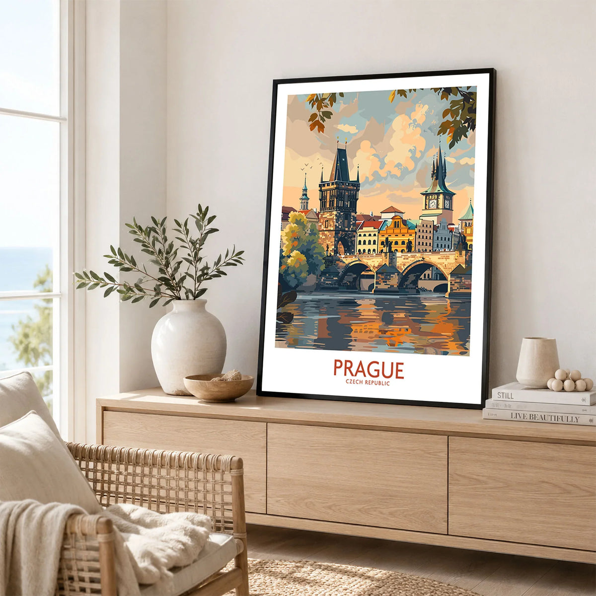Prague Travel Poster in a black frame displayed on an oak sideboard in a bright coastal living room