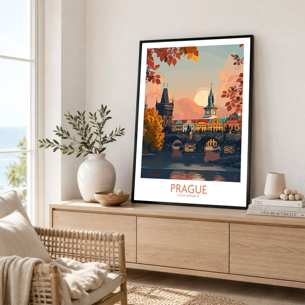 Prague Travel Print in a black frame displayed on an oak sideboard in a bright coastal living room