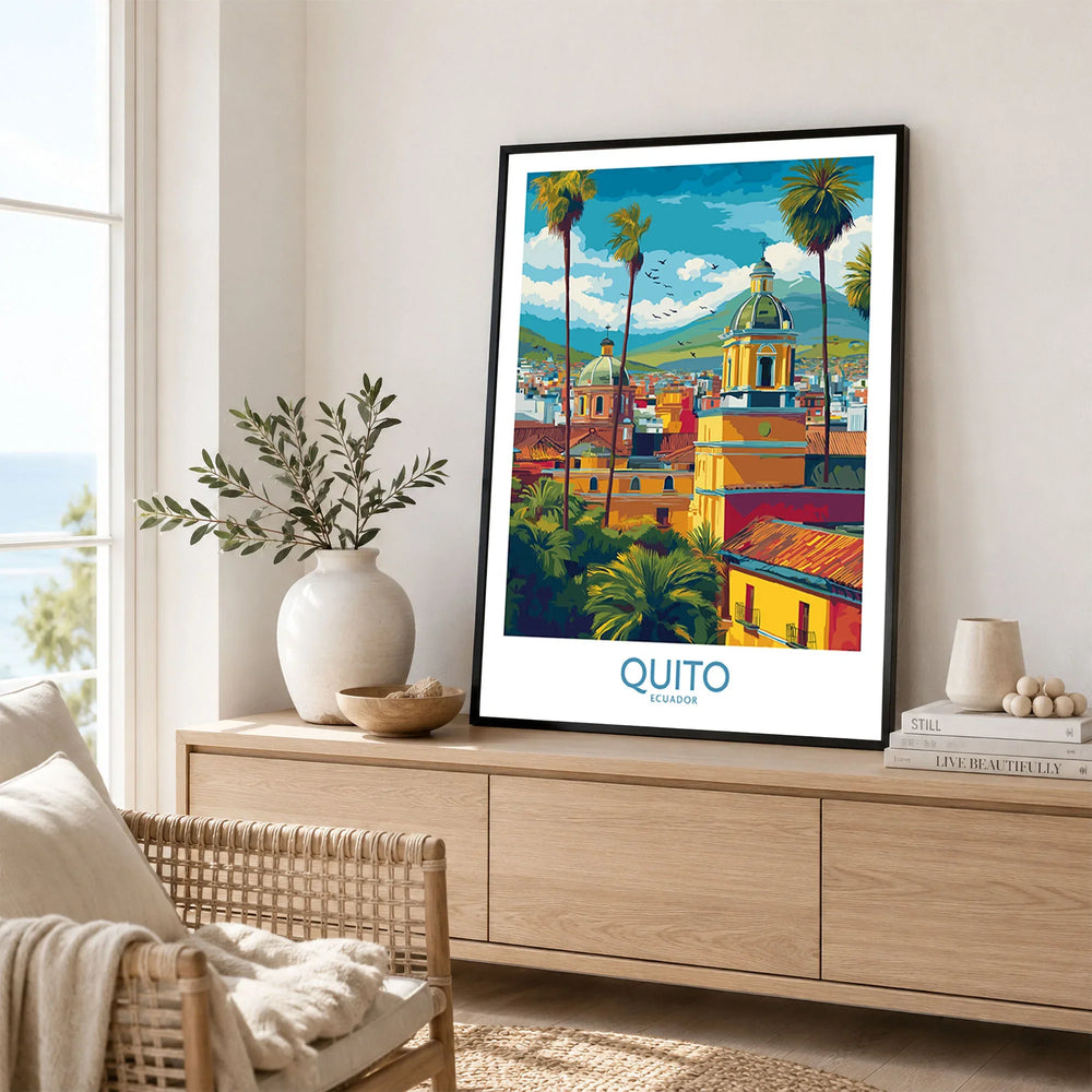 Ecuador Quito Cityscape Travel Print Poster Colonial Churches Andes Mountain Wall Art in a black frame displayed on an oak sideboard in a bright coastal living room