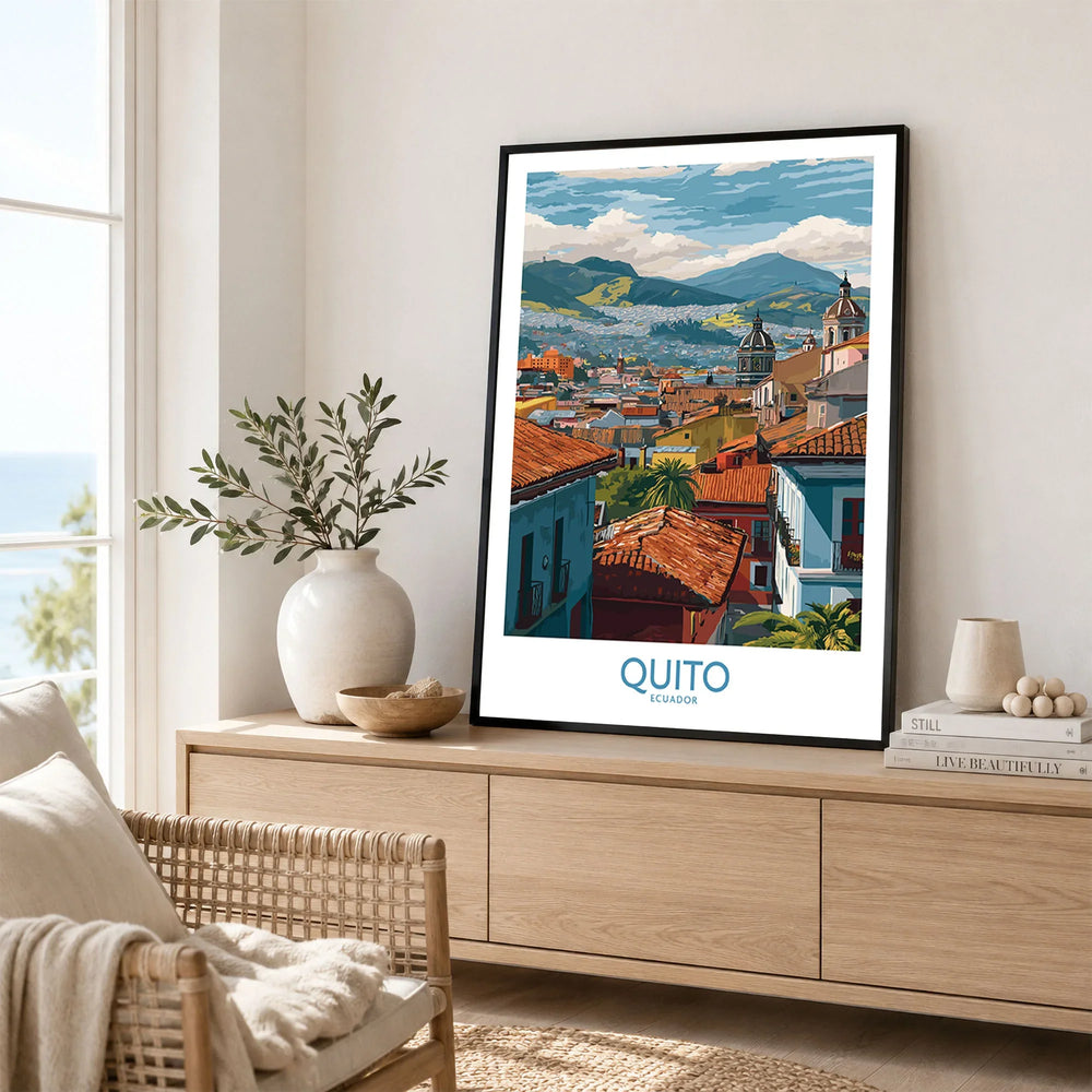 Ecuador Quito Rooftops Travel Poster City View Print Andes Landscape Wall Art South America in a black frame displayed on an oak sideboard in a bright coastal living room