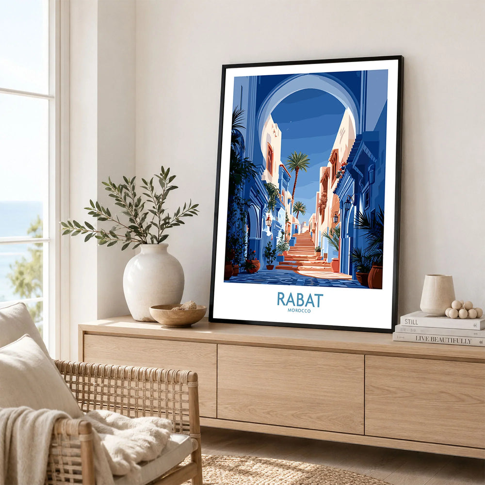 Rabat Morocco Blue Alleyway Wall Art — a blue-washed medina lane and stone steps seen through a horseshoe arch, shown as framed artwork living room lifestyle setting