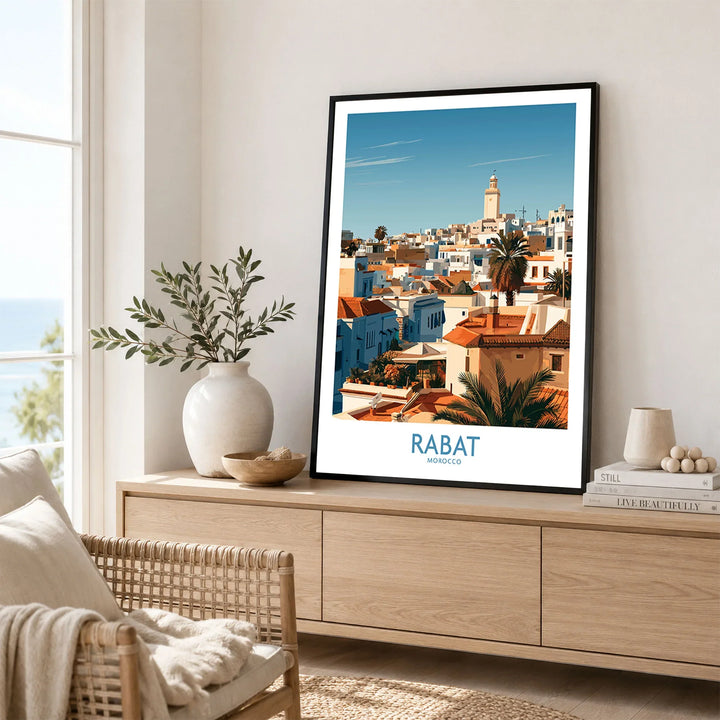 Rabat Morocco Minaret Skyline Wall Art — medina rooftops and a pale minaret in late afternoon sun, shown as framed artwork living room lifestyle setting