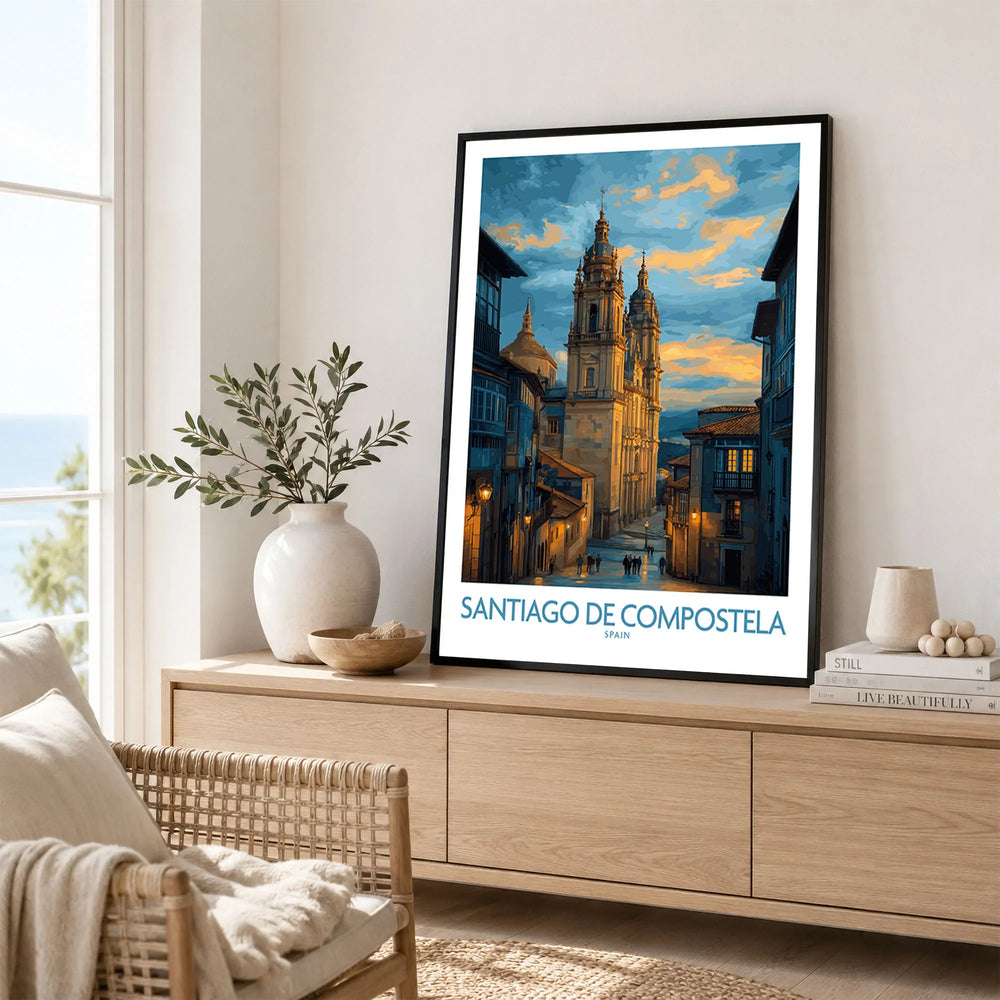 Santiago de Compostela Cathedral Art Print | Cityscape Poster in a black frame displayed on an oak sideboard in a bright coastal living room
